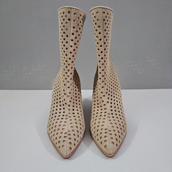 NEW Paige Layla Mid Calf Boot Womens 7 Tan Suede Perforated Pointed Toe Heeled - Picture 5 of 12